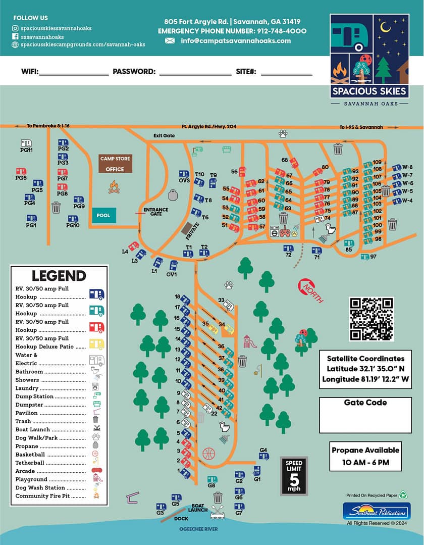 Map of Spacious Skies Savannah Oaks campground showing site locations, amenities, legend, and key information including address, contact info, and operating hours.
