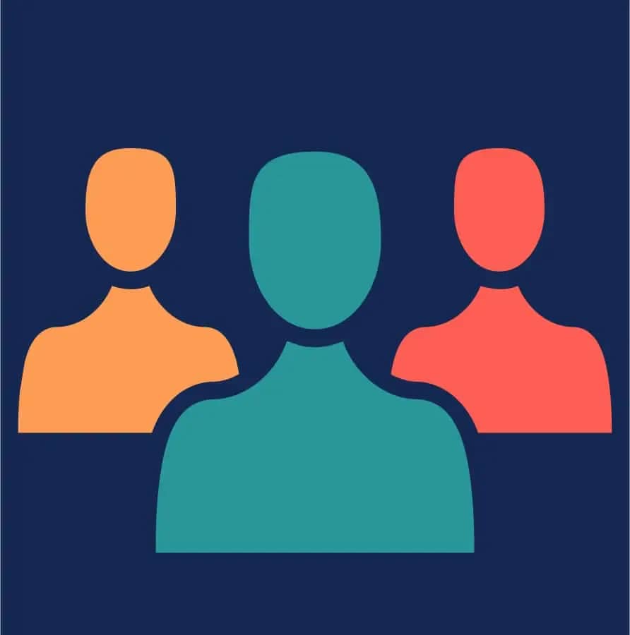 Three people in front of a blue background, group.