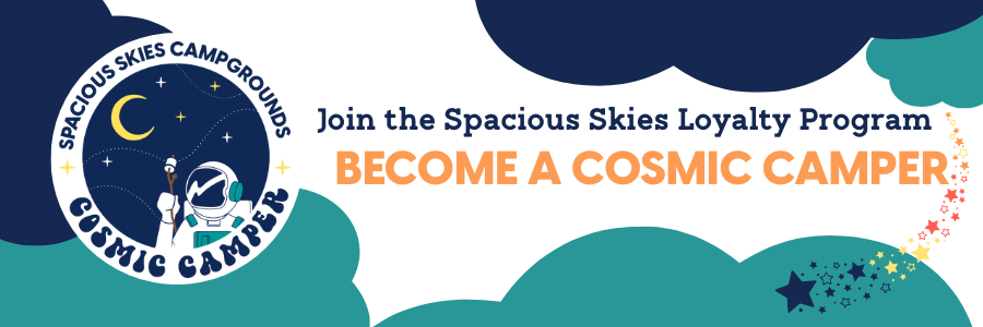A banner features the Spacious Skies logo: an astronaut under a crescent moon and stars. Text reads: "Join the Spacious Skies Loyalty Program. Become a Cosmic Camper." Colorful stars trail across the bottom right corner.
