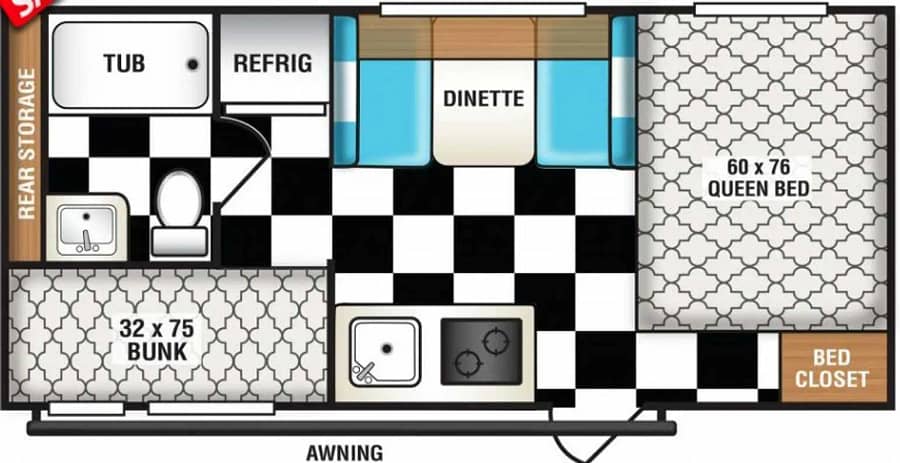 The floor plan features a black and white checkered floor, perfect for a modern aesthetic.
