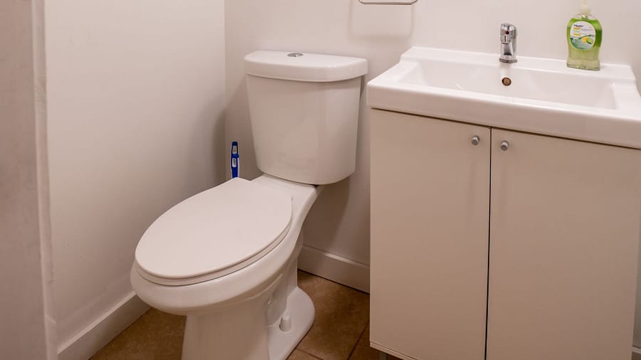 A small bathroom with a white toilet next to a white sink cabinet; a bottle of green liquid soap sits on the sink, and a blue toothbrush is placed behind the toilet.