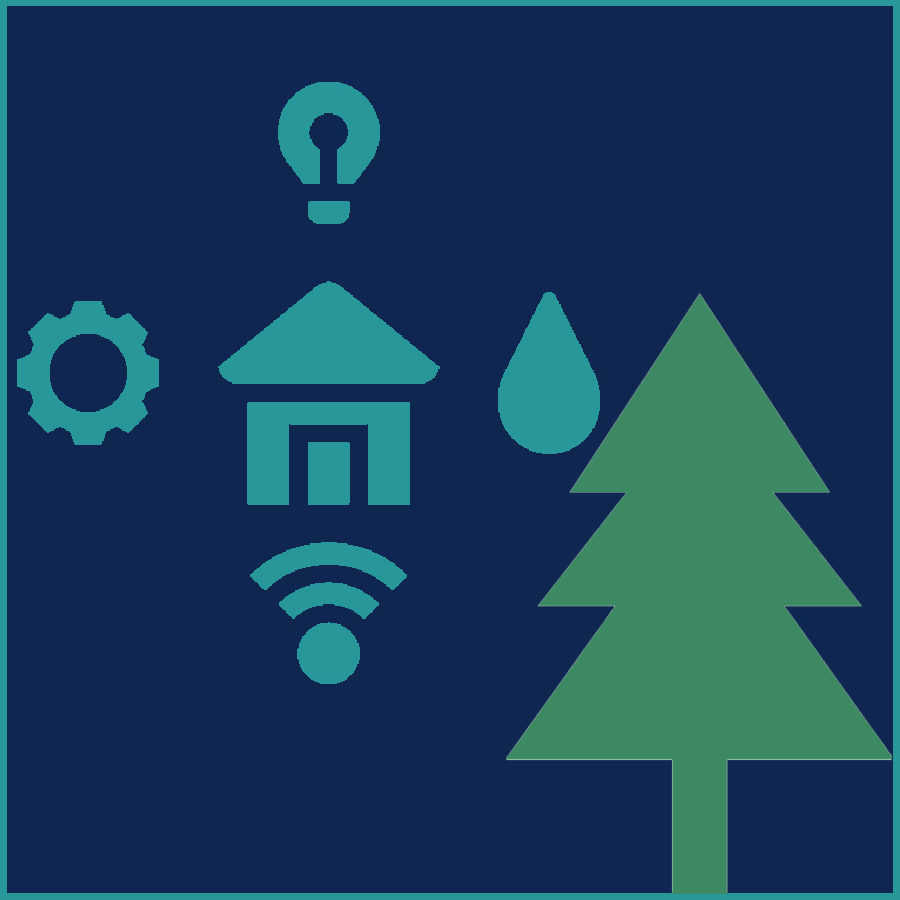 A graphic featuring a green tree and various teal icons against a dark blue background: a light bulb, a water droplet, a house with a Wi-Fi symbol below it, and a gear. These symbols represent the experience of sustainability, technology, and home efficiency.