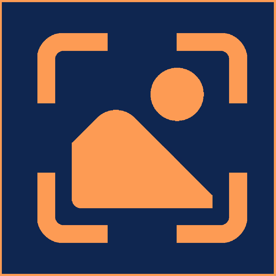 A blue square with rounded orange corners forming four 'L' shapes that frame an abstract image of a person, consisting of a circle (head) and trapezoid (body), evokes a unique visual experience.