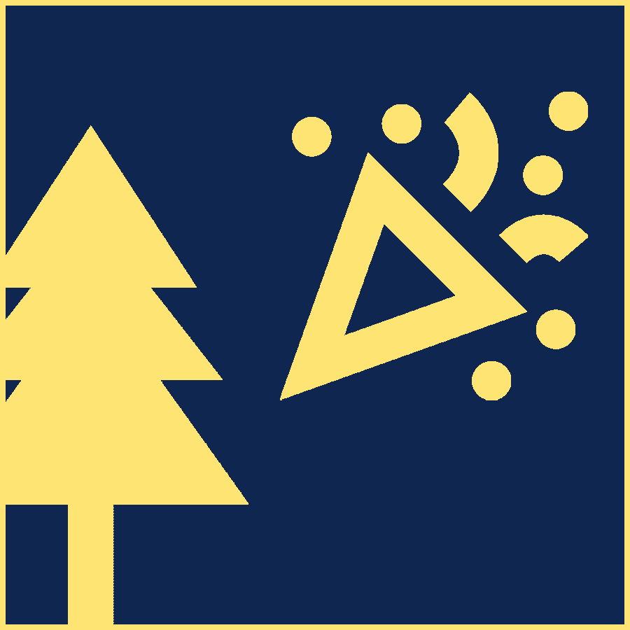 A minimalist illustration shows a yellow triangle and abstract shapes forming a tree on the left, with dynamic, scattered geometric shapes on the right, all set against a dark blue background, creating an experience of visual harmony and contrast.