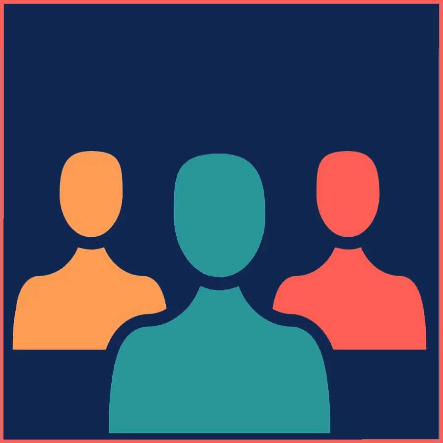 An illustration of three faceless, stylized human figures. The central figure is teal, flanked by an orange figure on the left and a red figure on the right. The dark blue background with a thin red border frames this visual experience beautifully.
