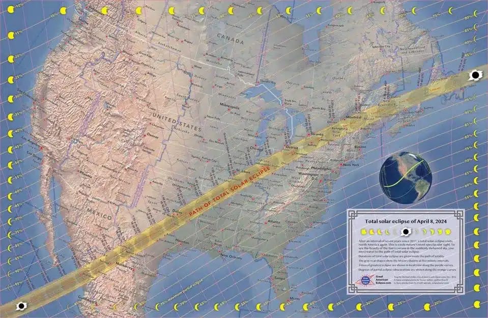 A map showing the path of totality of the eclipse.