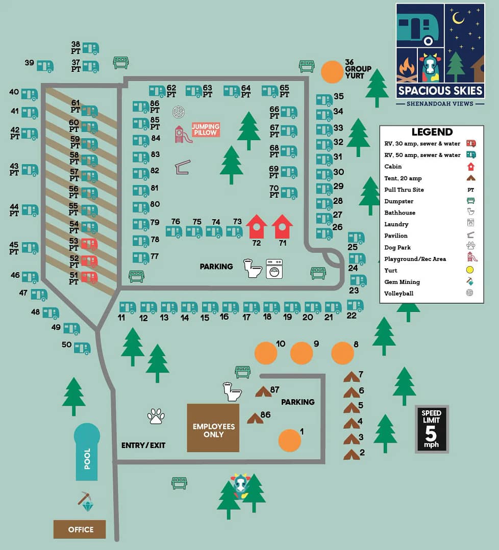 Illustrated map of a campground featuring plotted camping plots, trees, facilities, and map rules for symbols like restrooms and parking areas.